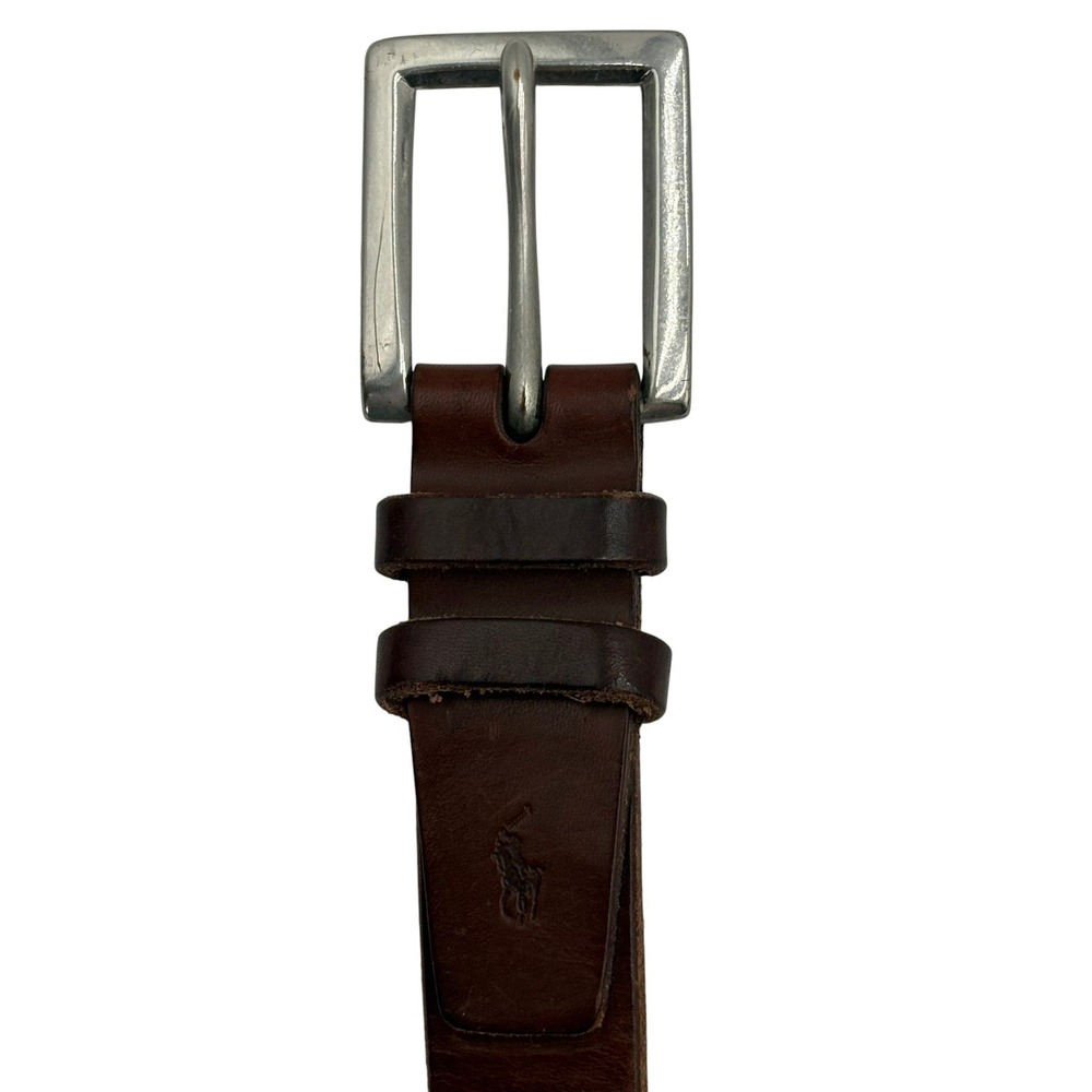 Polo Ralph Lauren Leather Belt Mens 38 Brown Square Silver Tone Buckle Pony - Picture 5 of 9